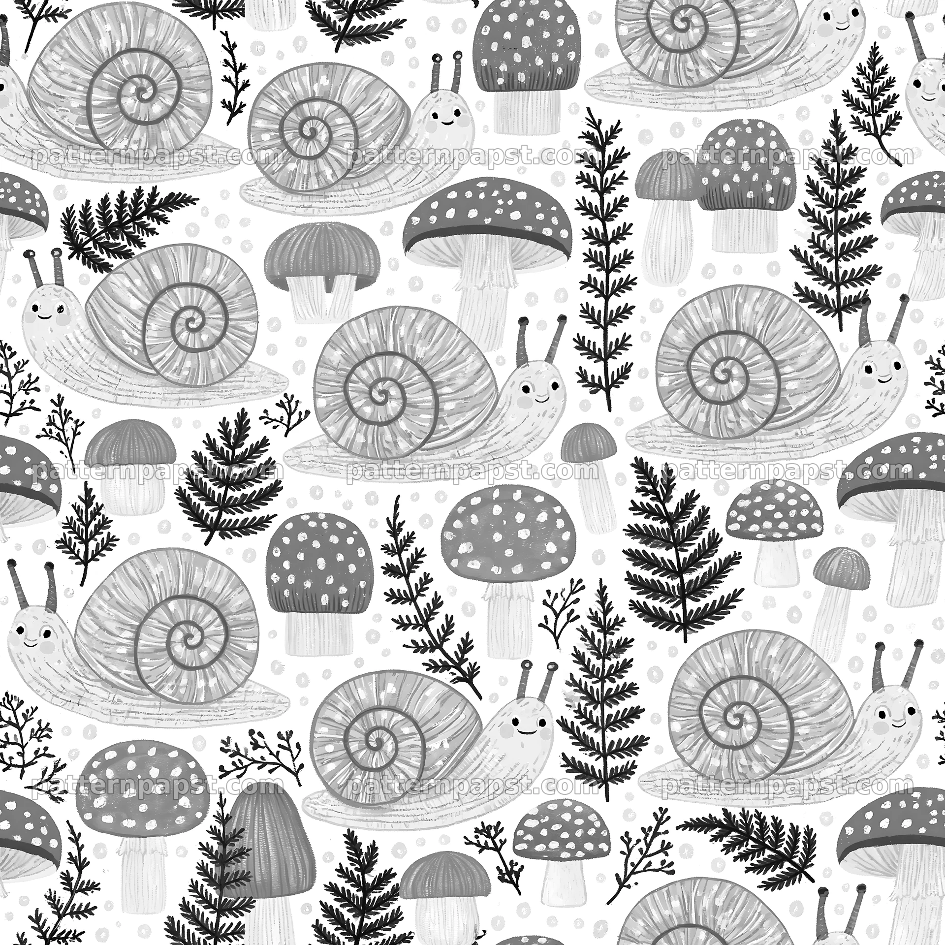 Seamless texture featuring cute snails and mushrooms — seamless tileable pattern