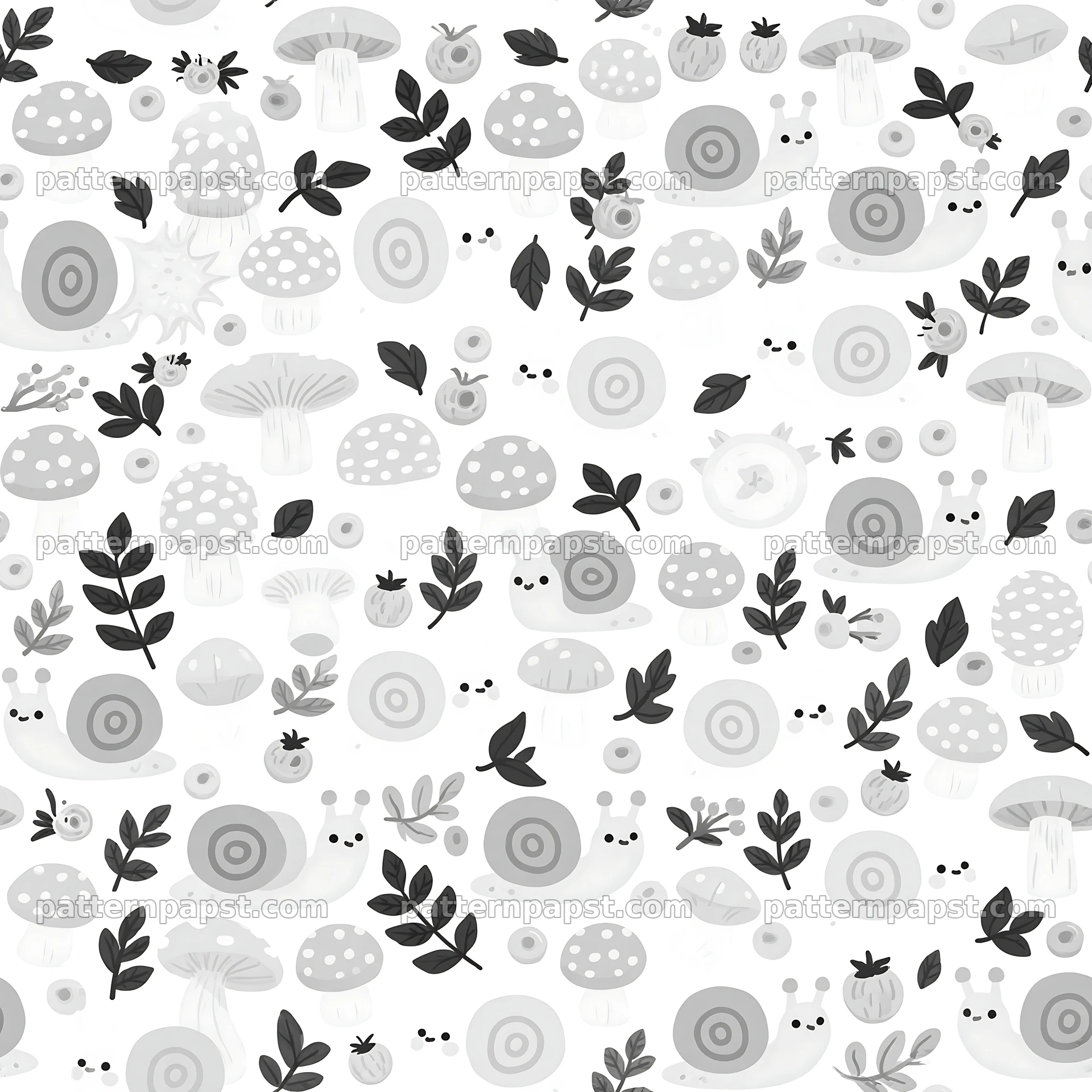 Seamless pattern featuring cute snails and mushrooms in monochrome — seamless tileable pattern