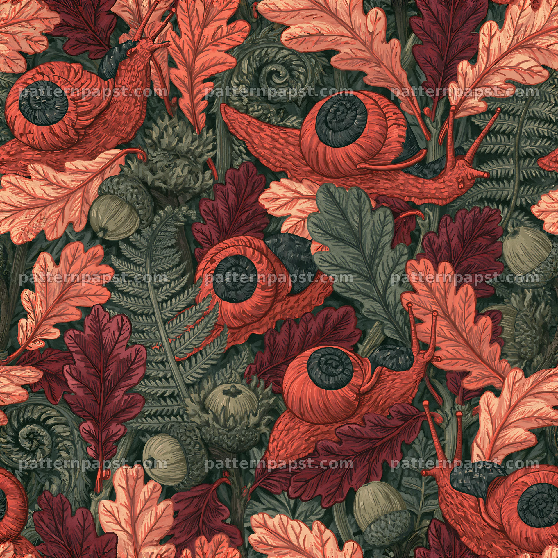 Red snail and foliage repeat pattern for fabric and wallpaper — seamless tileable pattern