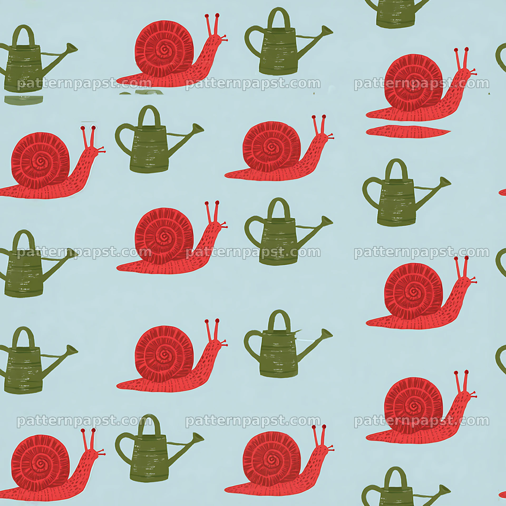 Seamless red snail pattern with watering cans — seamless tileable pattern