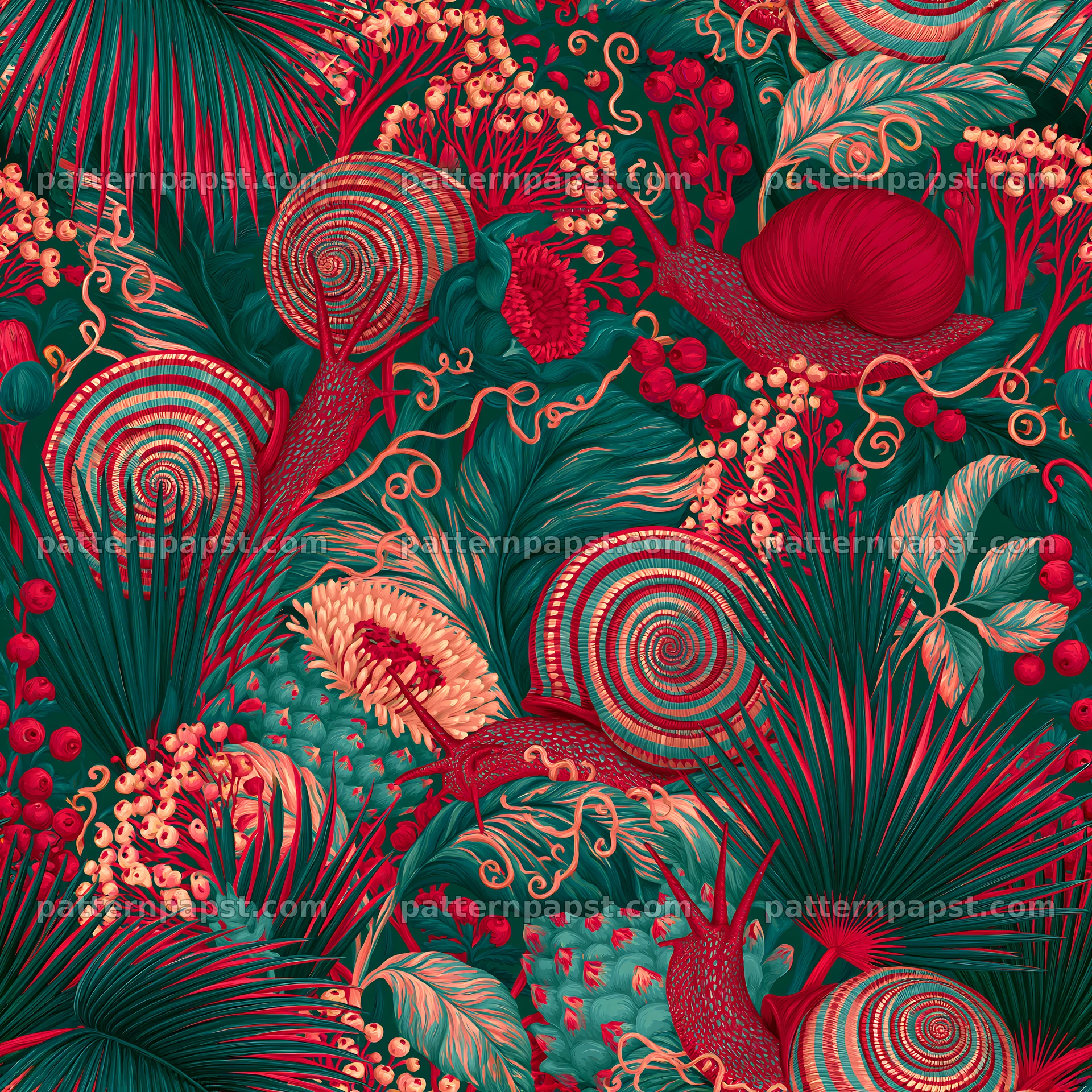 Crimson snail seamless pattern with tropical motifs — seamless tileable pattern