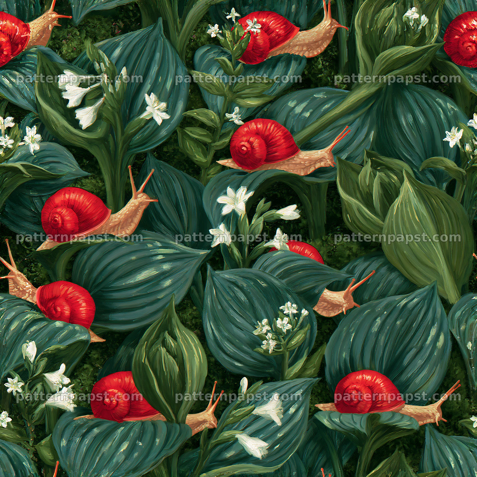 Red garden snail repeat pattern on green foliage — seamless tileable pattern