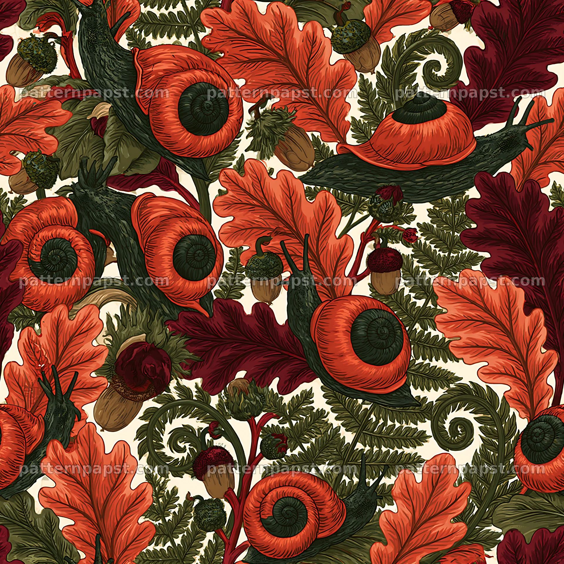 Red snail and foliage repeat pattern for fabric and wallpaper — seamless tileable pattern