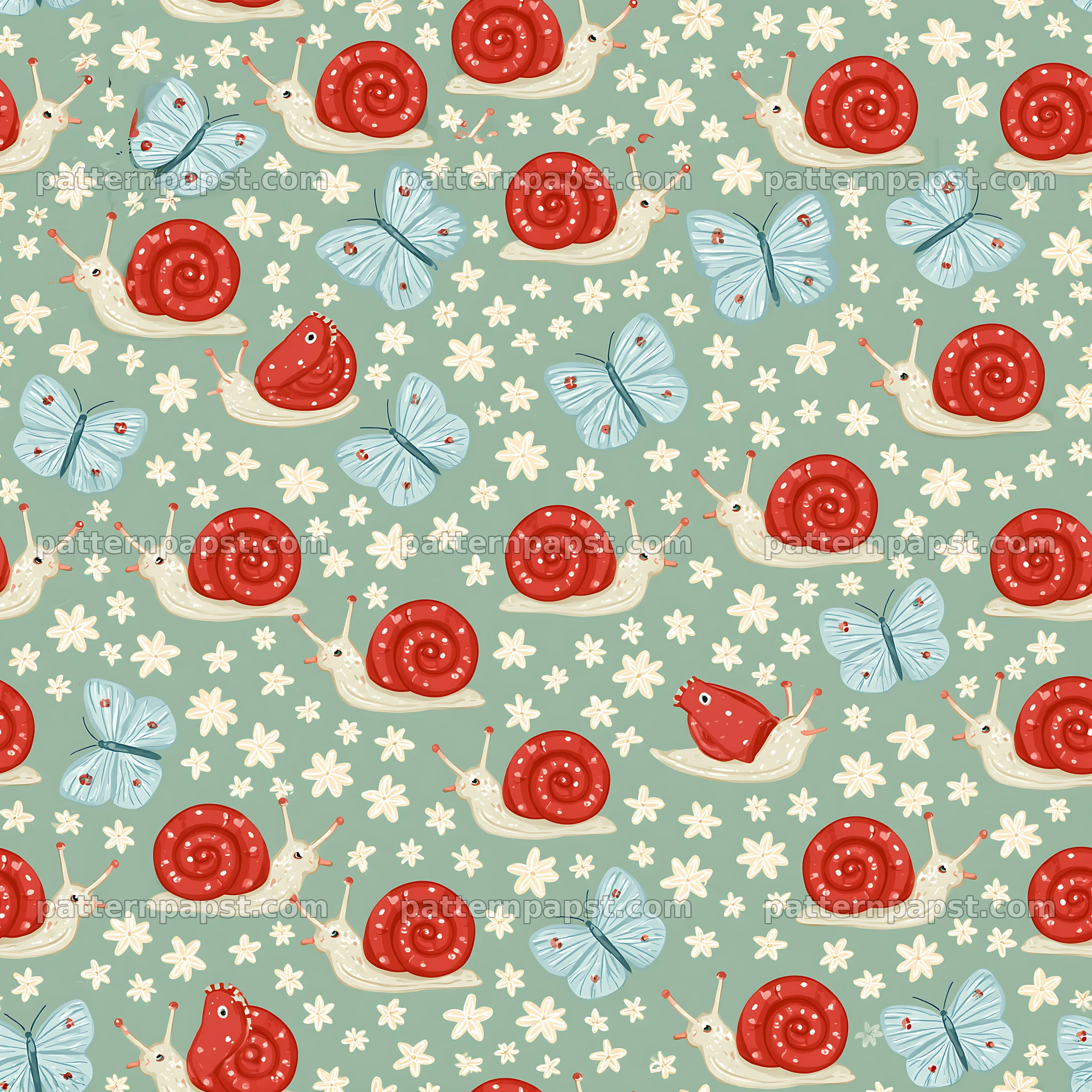 Red snail pattern with butterflies, repeating pattern — seamless tileable pattern