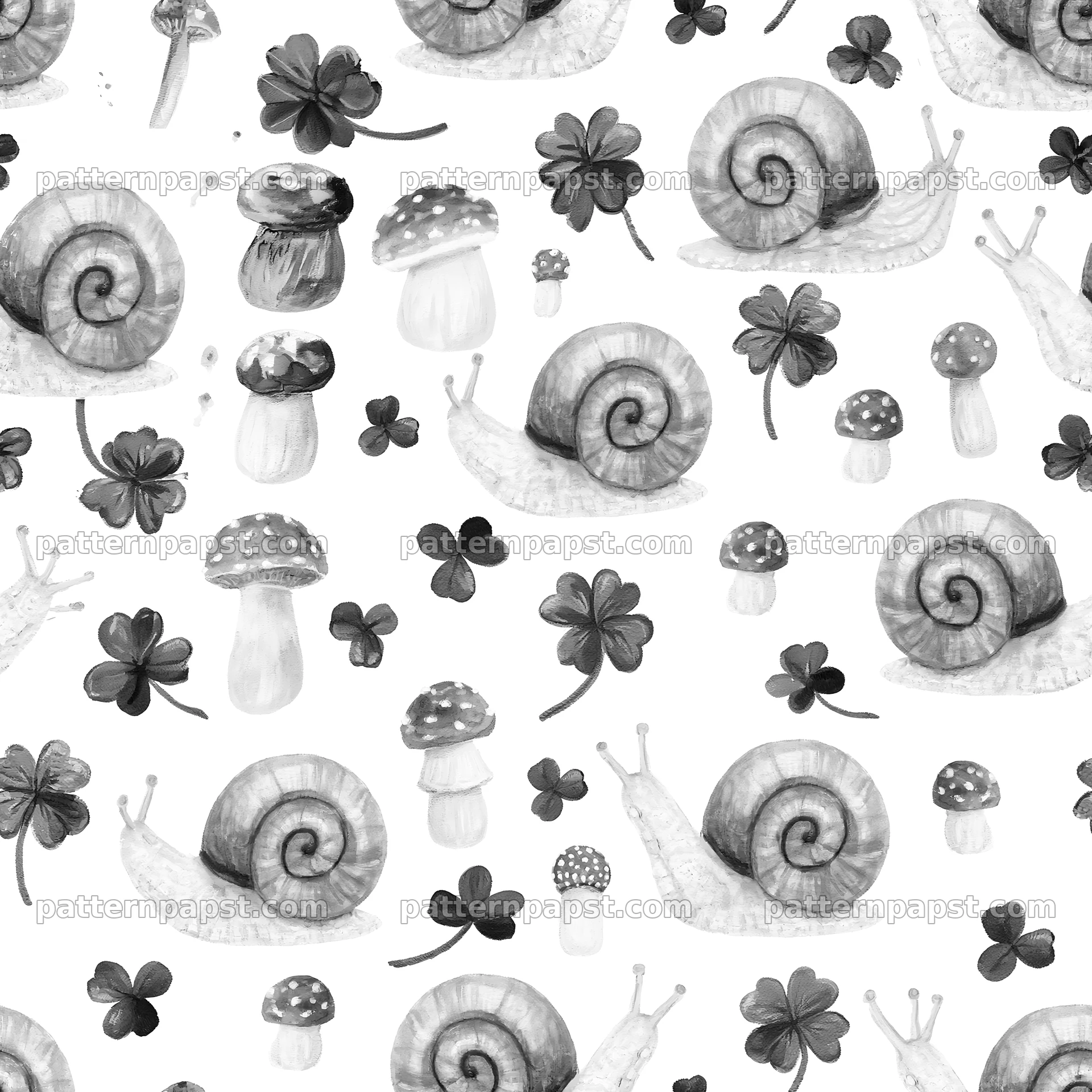 Seamless pattern featuring cute snails and mushrooms — seamless tileable pattern
